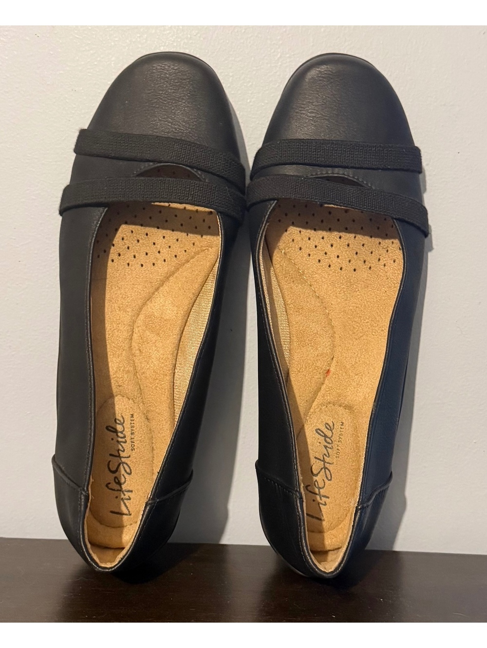 LifeStride Soft System Women’s 7W Black Ballet Flats Comfort Shoes Strappy